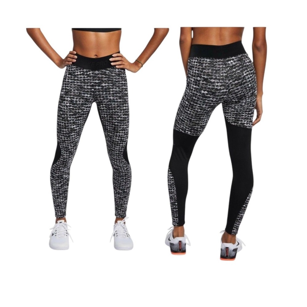 Nike Pro Womens Black White Geometric Diamond Print Training Leggings Size S